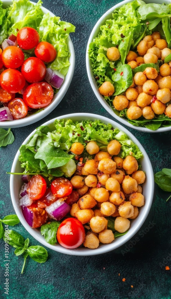 Three Bowls of Fresh Salad with Roasted Chickpeas, Cherry Tomatoes, Red Onion on Green Background