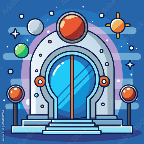 Futuristic space portal vector illustration with planets, A vector illustration of a futuristic space portal with colorful planets, stars, and cosmic elements set in a space environment.
