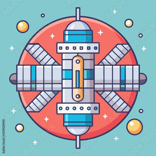 Futuristic space station vector with cosmic background, A sleek vector design of a futuristic space station surrounded by planets, stars, and cosmic elements in the background.
