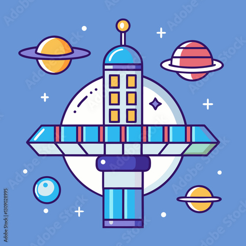 Futuristic space station vector with planets and stars, A colorful vector illustration of a futuristic space station surrounded by planets and stars, set against a blue background.
