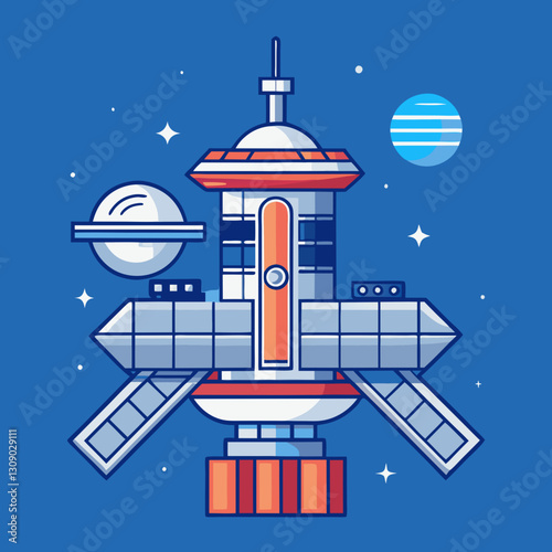Futuristic space station vector with planets and stars, A colorful vector illustration of a futuristic space station with solar panels, surrounded by planets and stars, set against a blue background.
