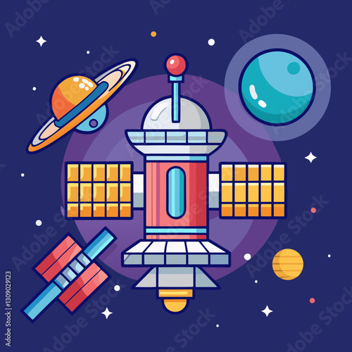 Futuristic space station vector with planets and stars, A vibrant vector illustration of a futuristic space station with solar panels, surrounded by planets and stars, set against a dark background.

