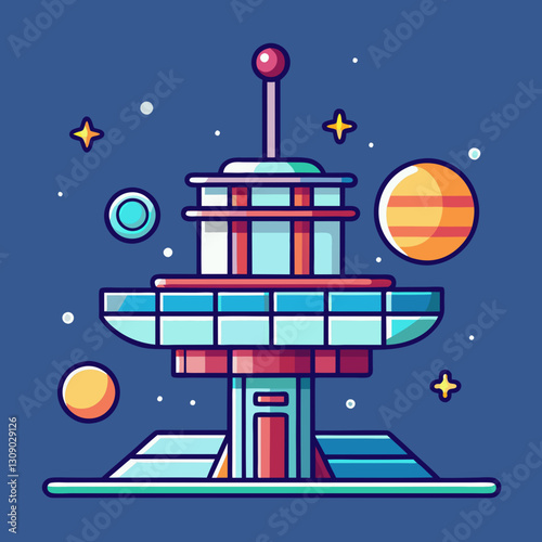 Futuristic space station vector with planets and stars
