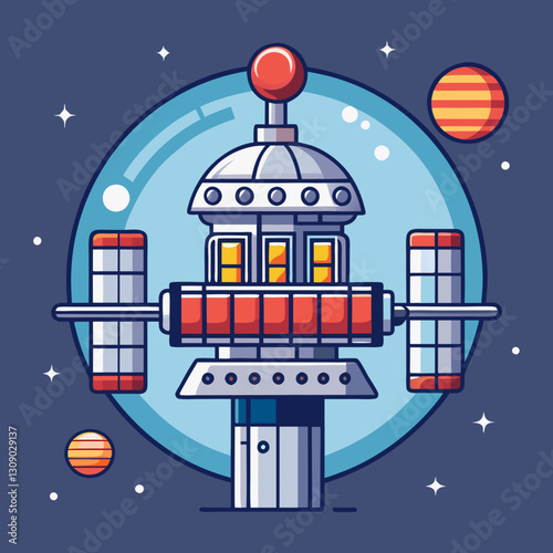 Futuristic space station vector with planets and stars, A vibrant vector illustration of a futuristic space station surrounded by planets and stars, set against a dark blue background.
