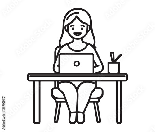 Freelancer at a stylish desk, remote work concept. Modern illustration of a woman working on a laptop