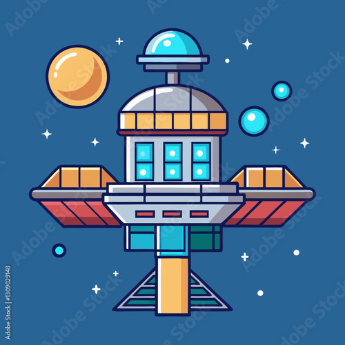 Futuristic space station vector with planet and stars, A colorful vector illustration of a futuristic space station with surrounding planets and stars, set against a dark blue background.
