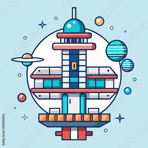 Futuristic space station vector with planets, A colorful vector illustration of a futuristic space station with planets and stars, set against a light blue background.
