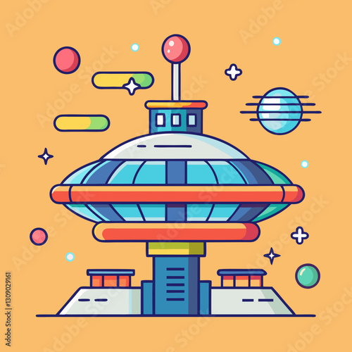 Futuristic UFO space station vector with planets, A vibrant vector illustration of a futuristic UFO-shaped space station with planets, stars, and colorful elements, set against an orange background.
