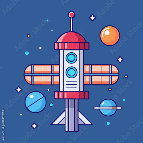 Futuristic space station vector with planets, A colorful vector illustration of a futuristic space station with solar panels, surrounded by planets and stars, set against a blue background.
