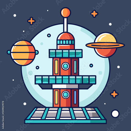 Space station vector with planets and stars, A vibrant vector illustration of a futuristic space station with solar panels, planets, and stars, set against a dark background.
