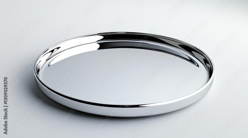 A silver circular tray, with a simple and elegant style, made of metal material, on a white background This is a product design rendering effect, in high resolution A silver circular tray, with a simple and elegant style, made of metal material, on a white background This is a product design rendering effect, in high resolution