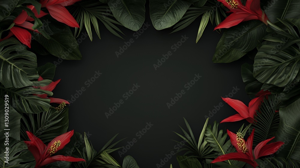Vibrant Red Tropical Flowers and Lush Green Leaves Frame Dark Background Vibrant Red Tropical Flowers and Lush Green Leaves Frame Dark Background