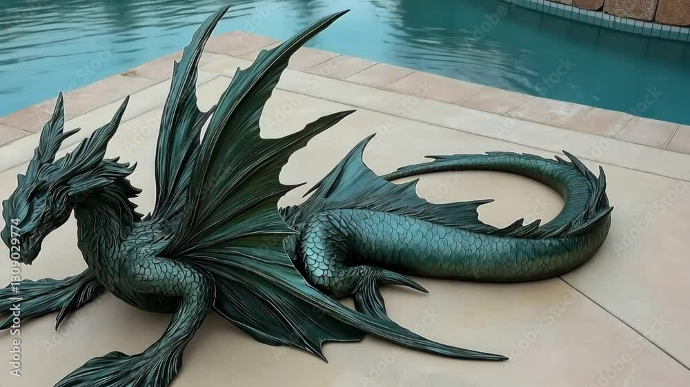 Large green dragon statue is laying on a cement surface. The statue is made of bronze and has a very realistic appearance. The dragon is resting on its back legs, with its wings spread out