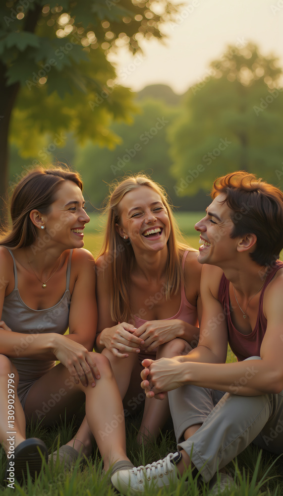Three friends, two women and a man, laugh together outdoors, Friendship Three friends, two women and a man, laugh together outdoors, Friendship