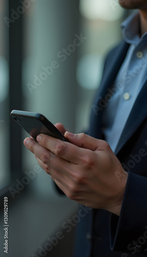 Businessman using smartphone for mobile banking and corporate communication in modern office setting