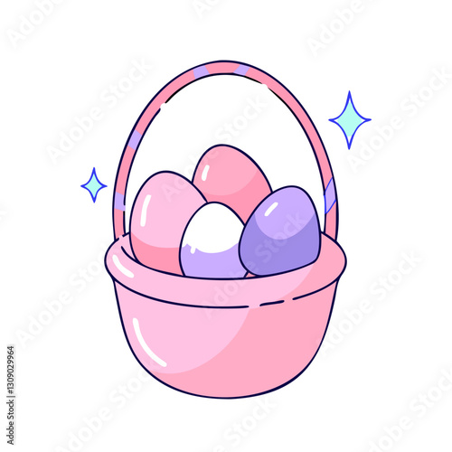 Minimalist vector illustration of a pastel Easter basket filled with colorful eggs, symbolizing celebration, joy, and the holiday spirit. Cute and festive design.