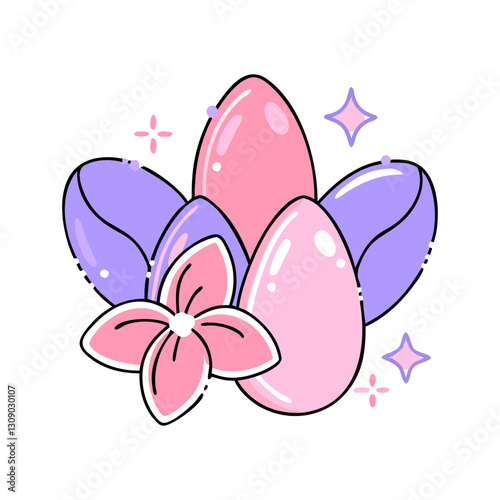 Vector stylized illustration of pastel Easter eggs arranged with a delicate flower. Modern, festive, and charming design.