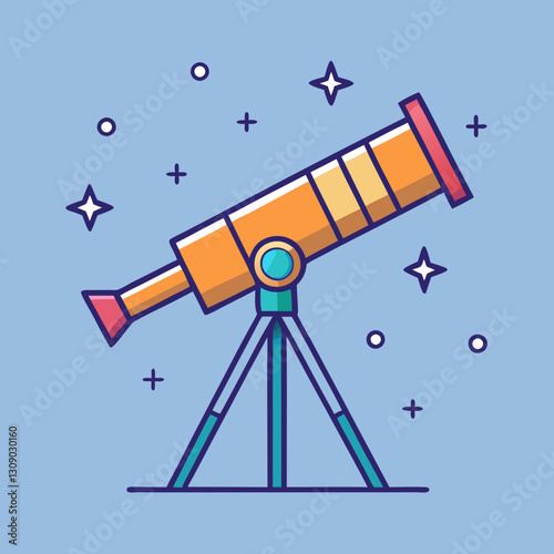 Telescope Vector Illustration with Stars and Blue Background, A vibrant vector illustration of an orange telescope with teal and red accents, mounted on a tripod, surrounded by stars against a blue ba