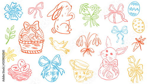 Set of doodle hand drawn elements for Easter in coquette style. Cute bunnies, bows and ribbons, flowers and leaves, basket, eggs. Vintage girly decoration. Whimsical vector illustration.
