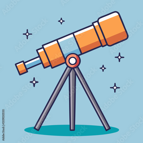 Telescope Vector Illustration with Stars on Blue Background, A colorful vector illustration of an orange and blue telescope on a tripod, surrounded by sparkling stars on a light blue background.
