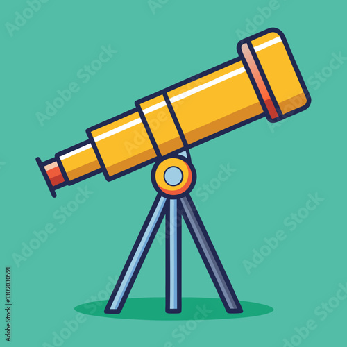 Telescope Vector Illustration on Green Background, A vibrant vector illustration of a yellow telescope with a tripod, set against a solid green background with a slight shadow.
