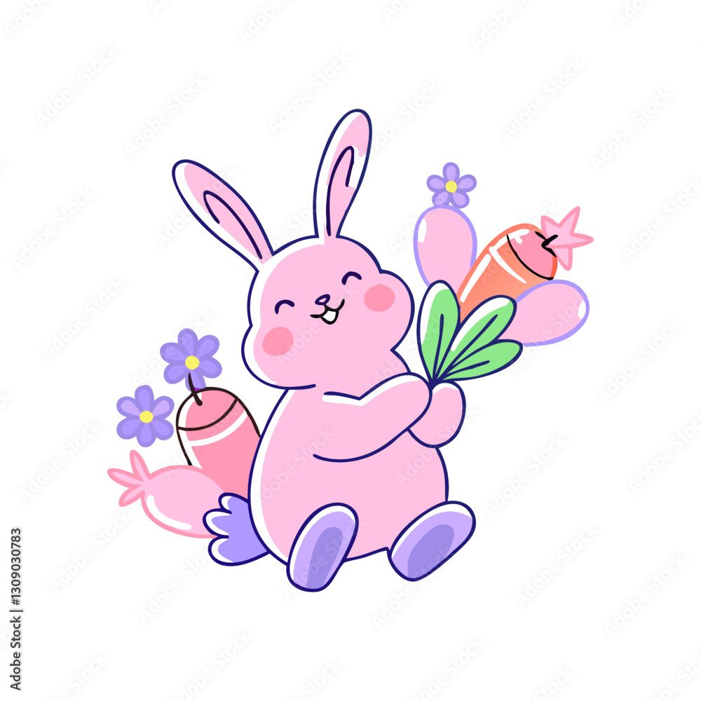 Vector stylized illustration of a cute pink bunny holding a carrot and surrounded by flowers. Modern, cheerful, and whimsical design. Vector stylized illustration of a cute pink bunny holding a carrot and surrounded by flowers. Modern, cheerful, and whimsical design.