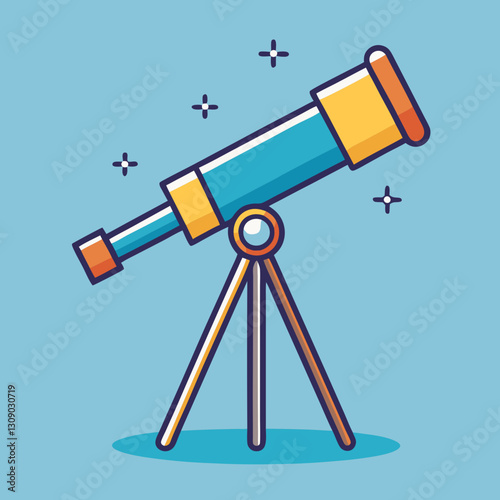 Colorful Telescope Vector Illustration with Blue Background, A vibrant vector illustration of a blue telescope on a tripod, surrounded by sparkling stars, set against a light blue background.
