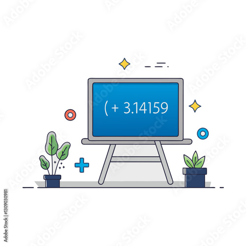 Vector illustration of a chalkboard displaying the Pi number 3.14159 in a modern, educational setting with plants and geometric elements.