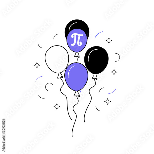 Vector illustration of Pi Day celebration balloons in black, white, and blue, featuring the Pi symbol in a minimal and modern style.