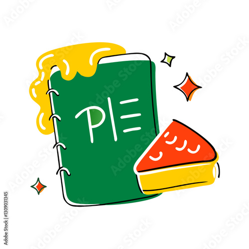 Vector illustration of a pie recipe book with a dripping topping and a slice of pie, drawn in a fun, doodle-style. Perfect for baking and culinary themes.