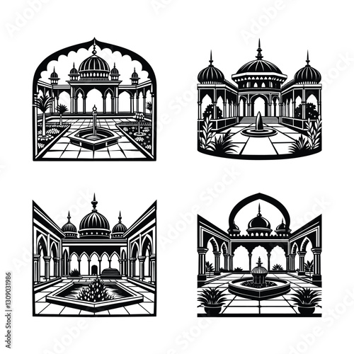 Islamic courtyard architecture with fountains and domes silhouette isolated on white background