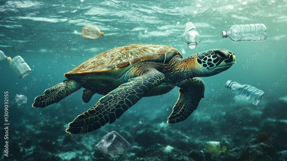 Obraz premium A haunting image of a sea turtle swimming amidst plastic waste in a polluted ocean. This striking visual conveys the devastating effects of human activity on marine life and highlights the urgency of
