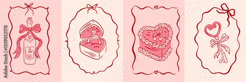 Vintage greeting cards for Valentine's Day in coquette style. Hand drawn whimsical frames with elegant bows and ribbons. Template for poster, banner, wedding invitation, birthday card. Vector illustra