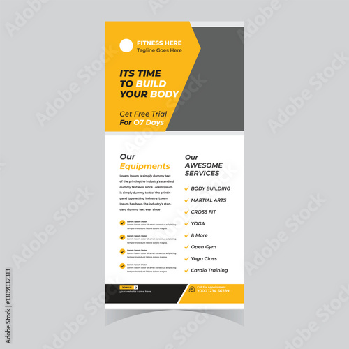 Gym and fitness workout Fitness rack card dl flyer template bodybuilding sport athletic poster brochure banner elegant 