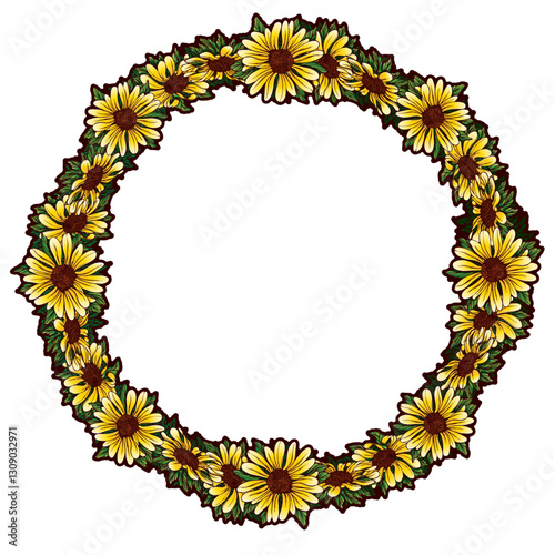 Ring of Beautiful Yellow Daisies and Green Leaves