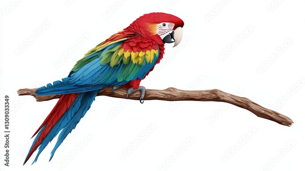 Fototapeta premium A vibrant macaw perched on a branch, showcasing its stunning multicolored feathers in a tropical setting.