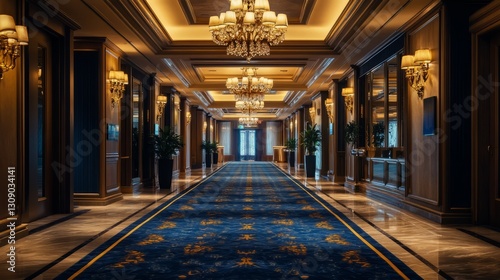 A corridor in a luxury cruise ship, with polished wooden paneling and soft lighting