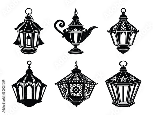 Traditional decorative hanging lamps with ornate patterns silhouette isolated on white background