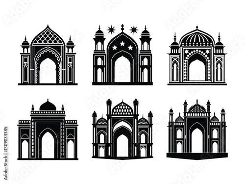 Traditional Islamic archway and gateway silhouette isolated on white background