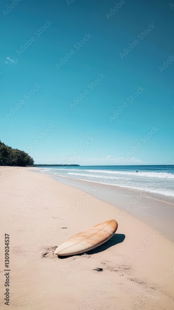 Surfboard Rests on Sandy Beach Under Clear Sky Surfboard Rests on Sandy Beach Under Clear Sky