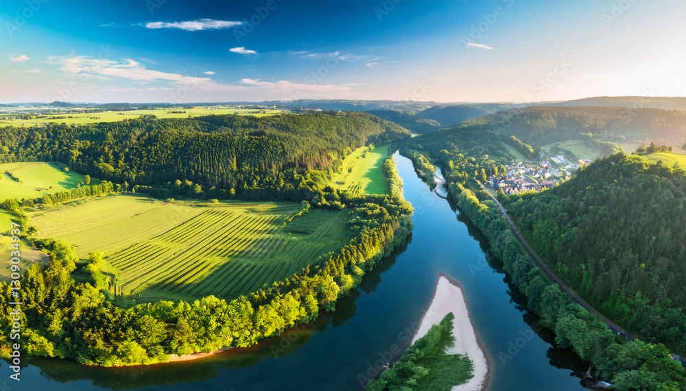 Obraz premium River Serenity: Aerial perspective of a serene river winding its way through a verdant valley, under a vast, azure sky, evoking a sense of peace and natural beauty.