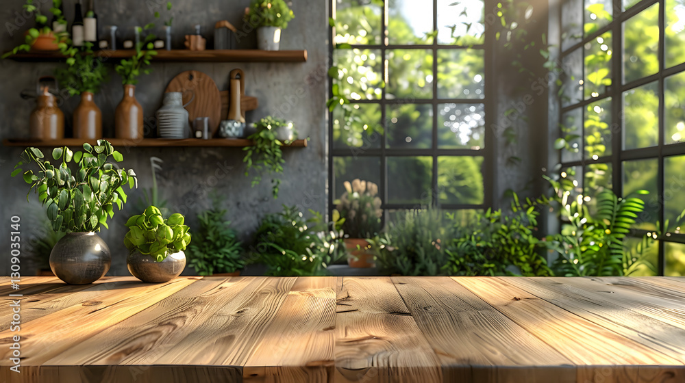 A rustic wooden table for product placement with kitchen and garden in background. A rustic wooden table for product placement with kitchen and garden in background.