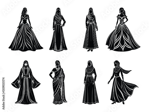 Women in ball gowns sarees and hijabs silhouette isolated on white background