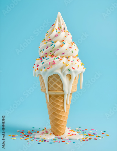 Melting Ice Cream Cone with Sprinkles on a Light Blue Background