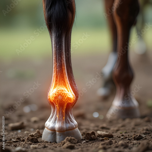 Equine Navicular Disease: The Heel Pain and Lameness - Picture a horse with highlighted hoof showing bone degeneration, experiencing heel pain and lameness,