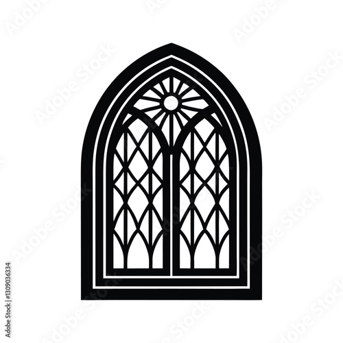 Decorative Islamic arched window silhouette isolated on white background