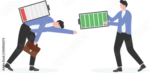 An illustration of The manager gives a full battery to a exhausted businessman.

