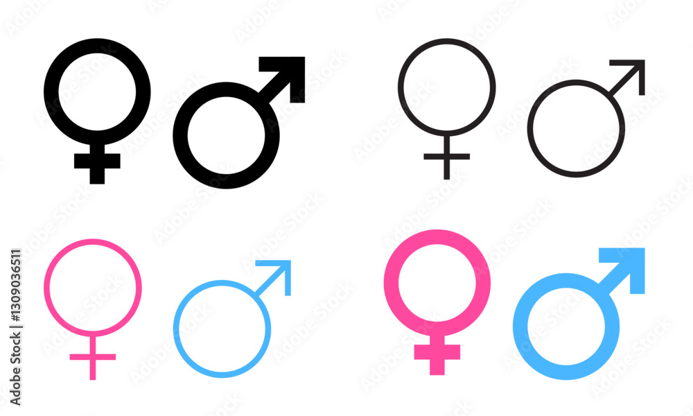 Male and female icon, gender thick and thin shape sign collection. Man and woman flat icon symbols, pink, blue, black feminine and masculine isolated icon pack, Vector Illustration. Male and female icon, gender thick and thin shape sign collection. Man and woman flat icon symbols, pink, blue, black feminine and masculine isolated icon pack, Vector Illustration.
