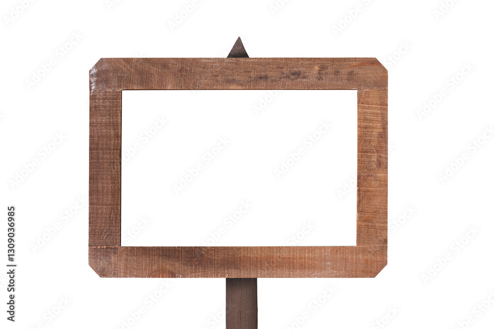 Vintage rustic wooden sign on a pole isolated on white or transparent background, cut out png