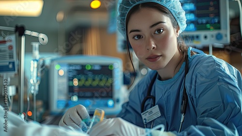 Nurse assisting a patient in a hospital setting during a medical procedure at the intensive care unit